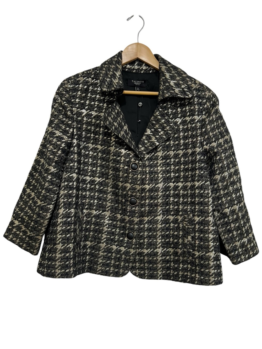 Talbots Metallic Black and Gold Houndstooth Tweed Jacket Blazer Size 16P NWOT